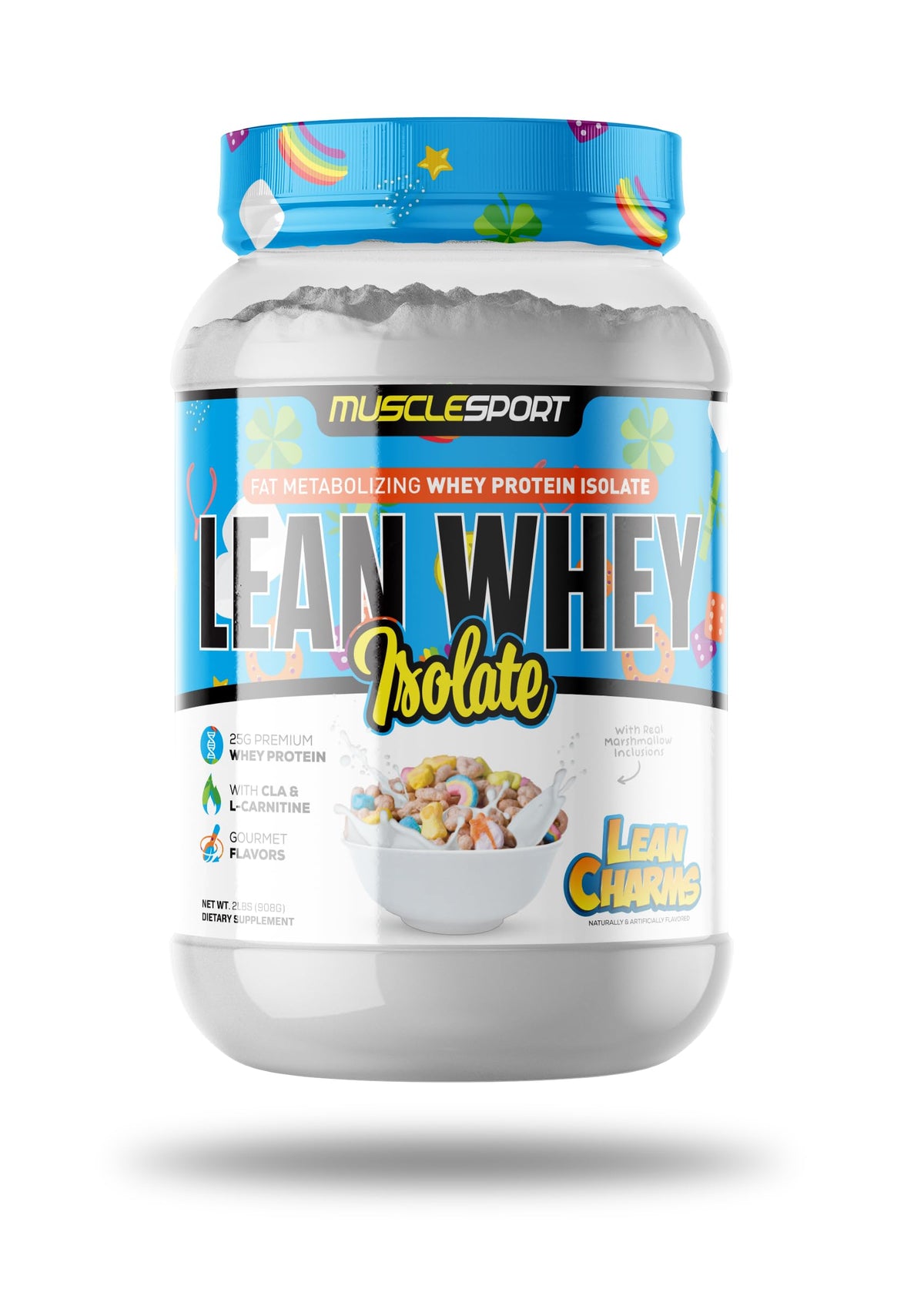 MuscleSport Lean Whey Revolution bottle pour shows quick-dissolve protein for post-workout use.