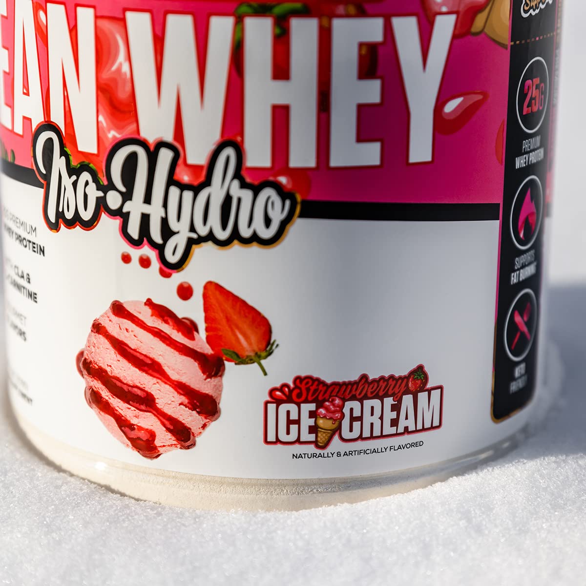 Musclesport Lean Whey Revolution flavor strawberry label highlighting flavor option.