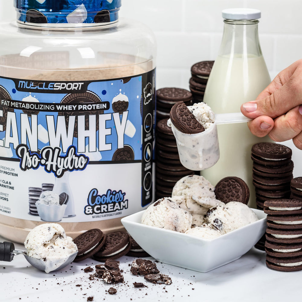 Musclesport Lean Whey Revolution flavors display diverse options for post-workout refuel.