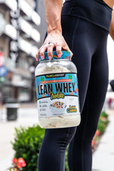 MuscleSport Lean Whey Revolution foam top indicates creamy texture for shakes.