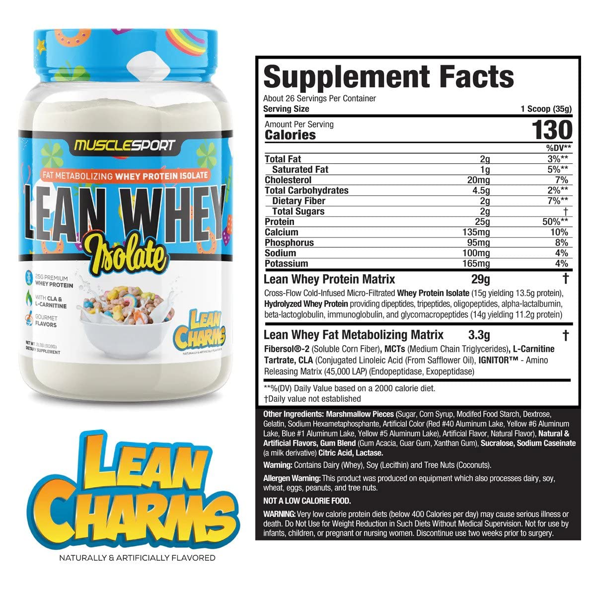 MuscleSport Lean Whey Revolution label view reveals the low-fat, low-carb nutrition profile.