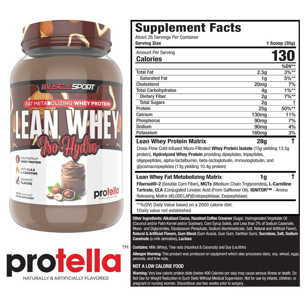 Musclesport Lean Whey Revolution label emphasizes clean nutrition and high protein per serving.
