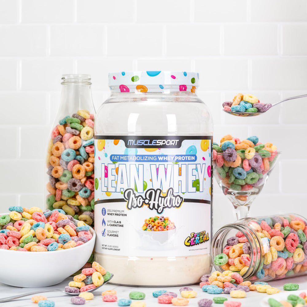 Musclesport Lean Whey Revolution mixer image suggests easy shakes with a bottle
