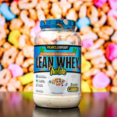 MuscleSport Lean Whey Revolution scoop closeup highlights 25g protein per serving.