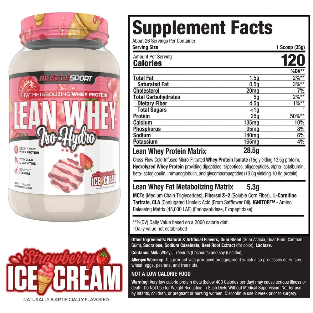 Musclesport Lean Whey Revolution scoop pouring powder for quick, convenient servings.