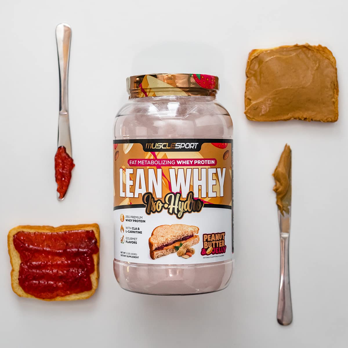 Musclesport Lean Whey Revolution scoop indicating convenient 25g protein.