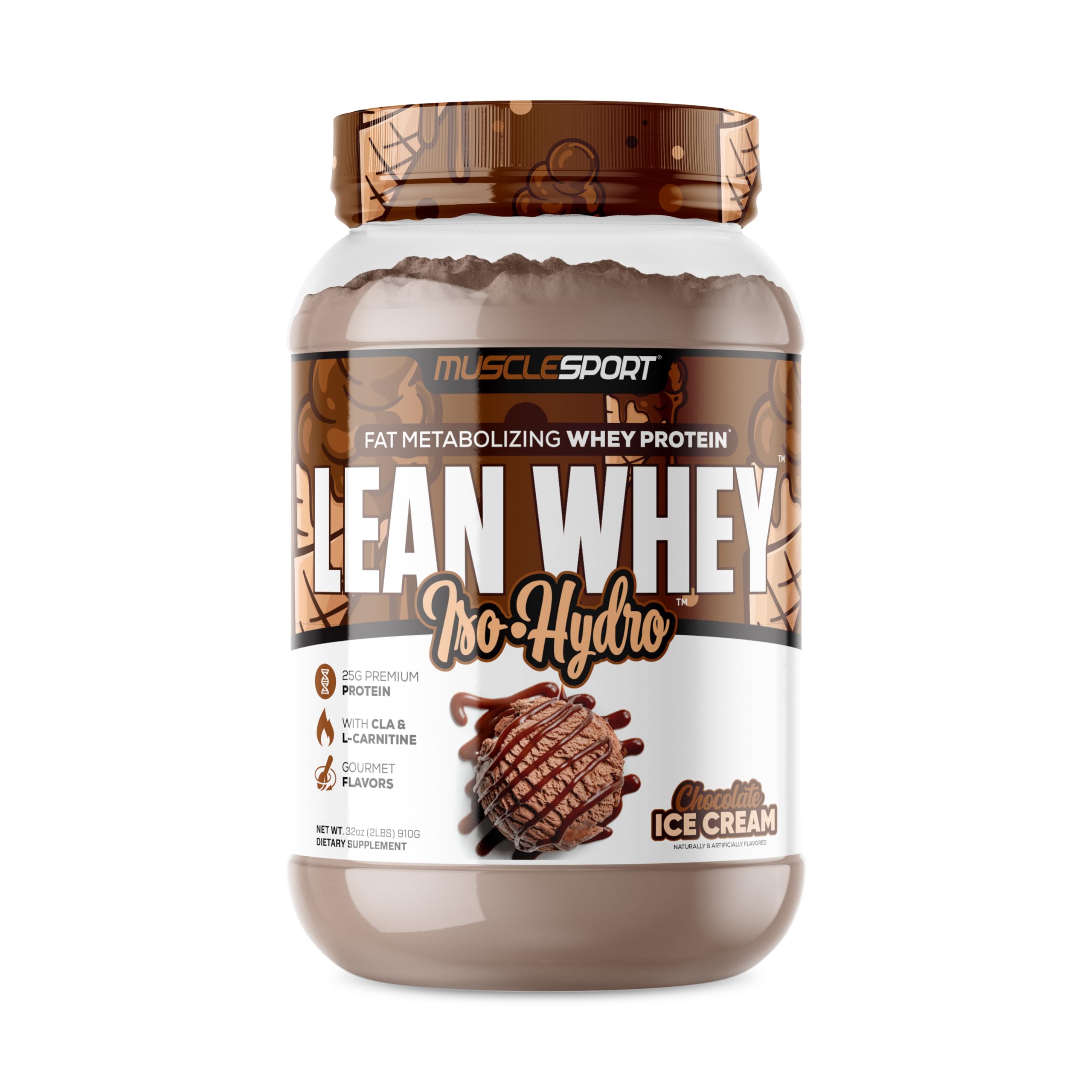 Musclesport Lean Whey Revolution scoop showing 25g protein per serving for lean workouts