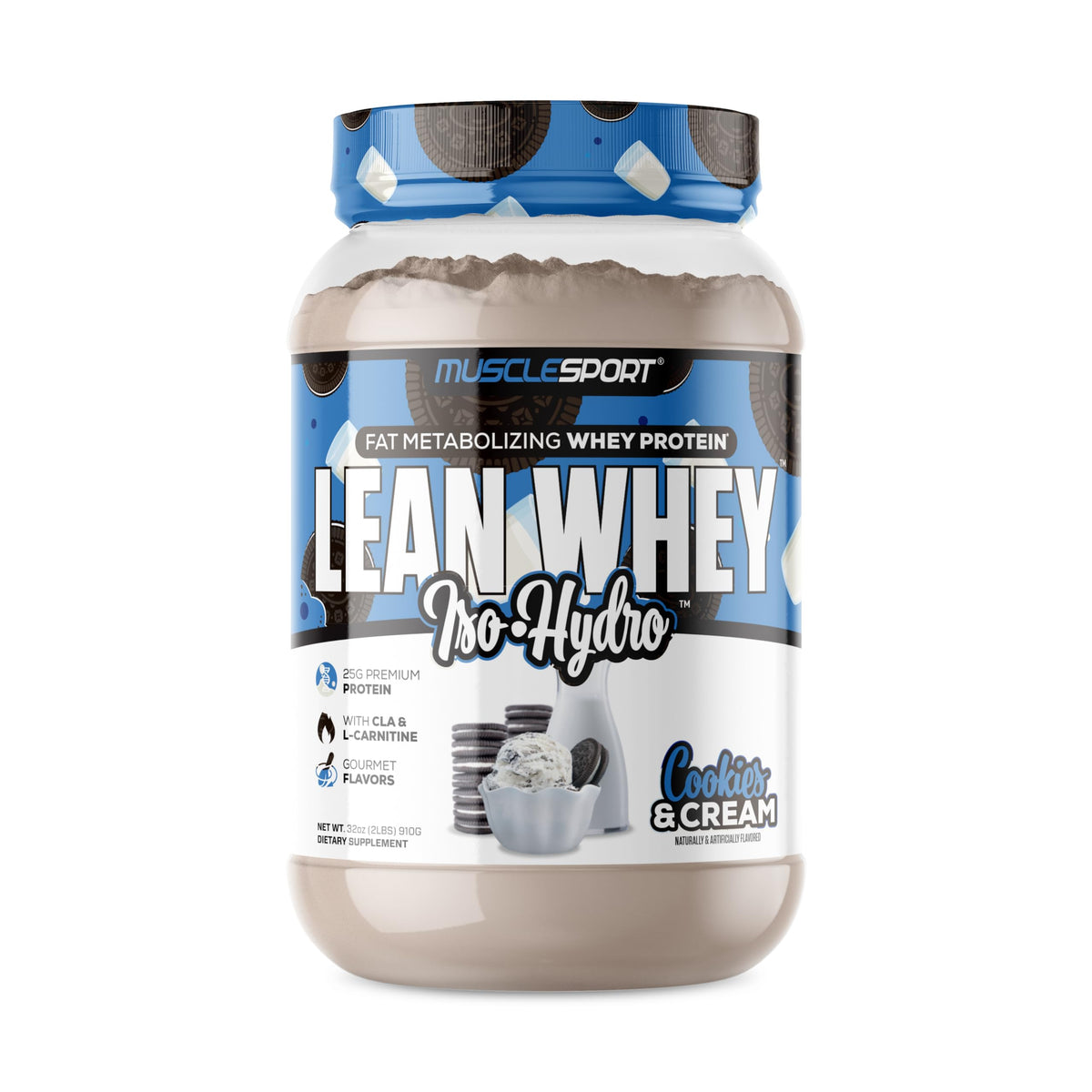 Musclesport Lean Whey Revolution tub showcases a high-protein, low-calorie formula for lean gains.