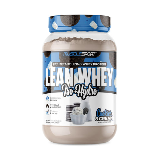 Musclesport Lean Whey Revolution tub showcases a high-protein, low-calorie formula for lean gains.