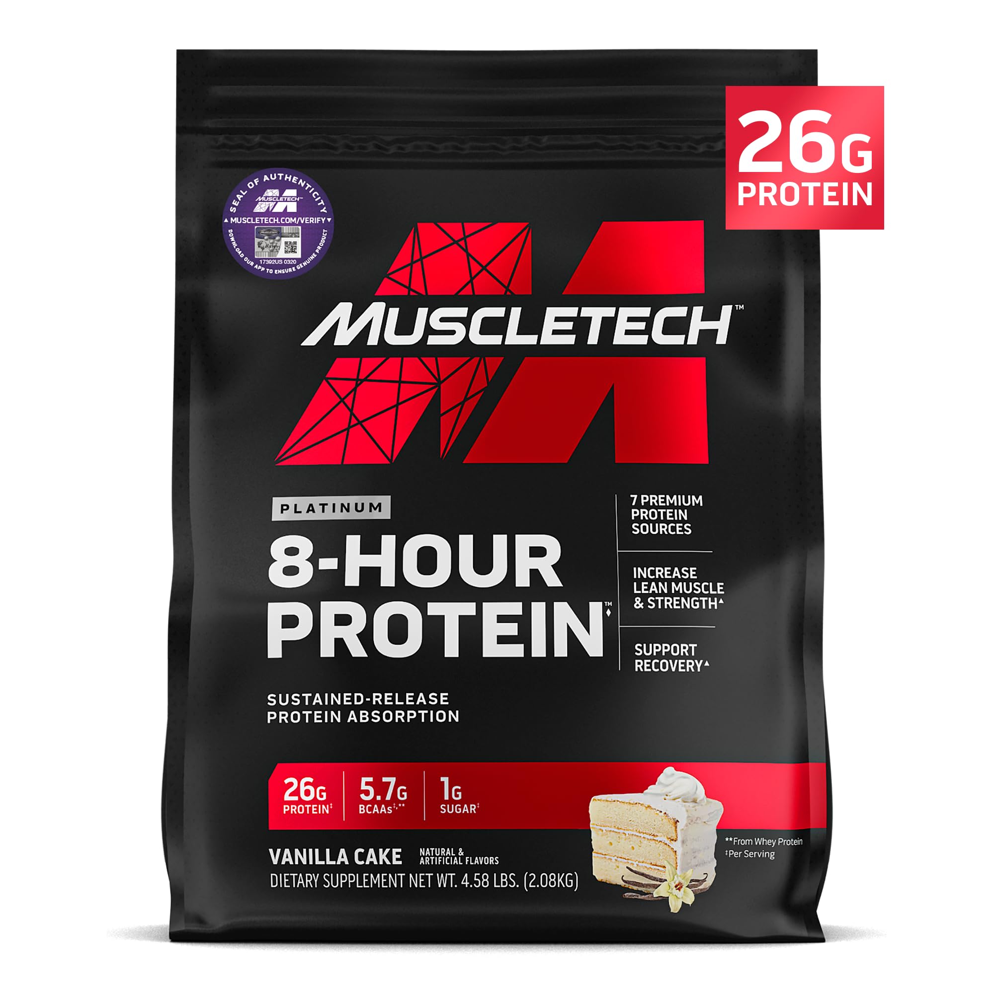 Muscletech 8-Hour Protein Vanilla Cake tub showing premium multi-source blend