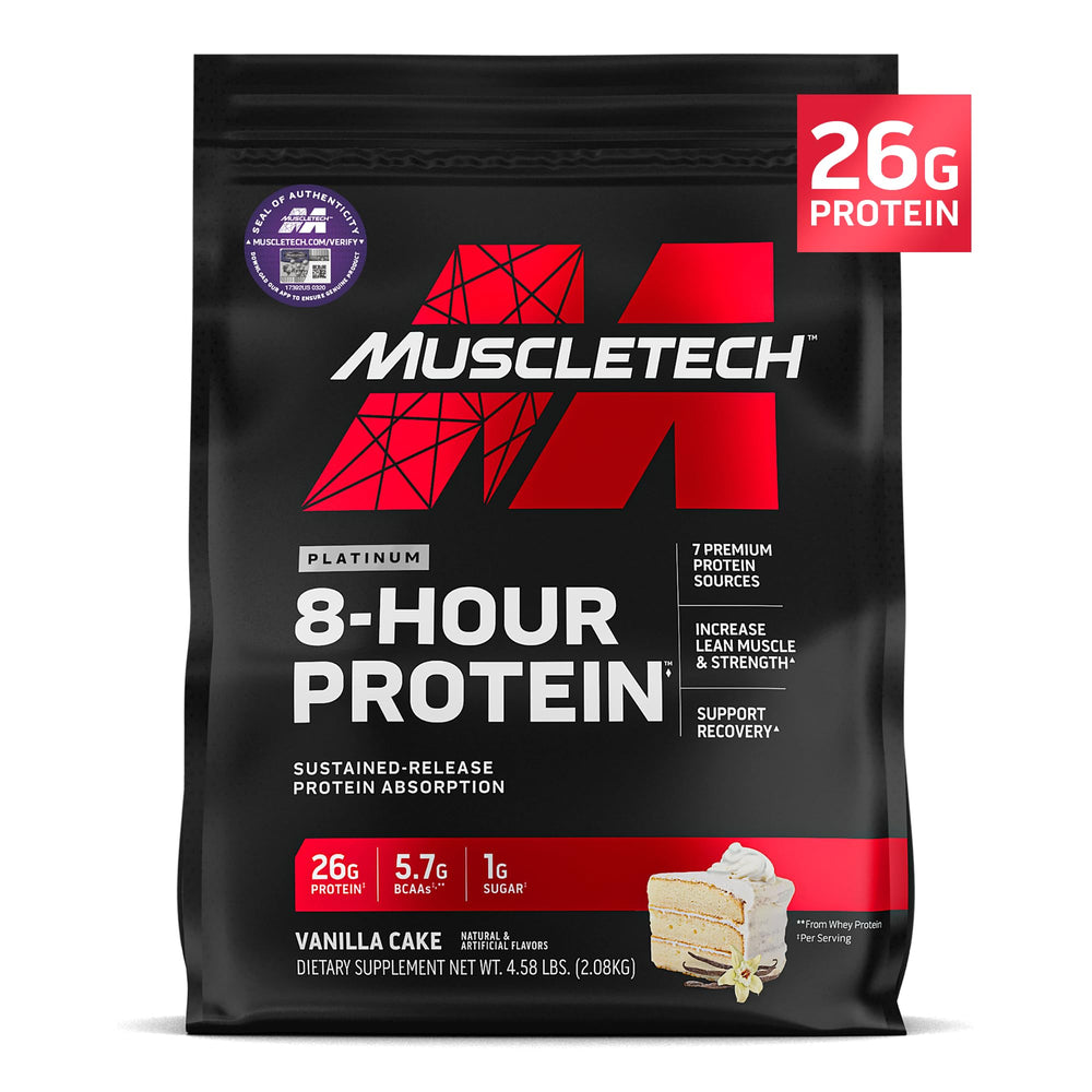 Muscletech 8-Hour Protein Vanilla Cake tub showing premium multi-source blend