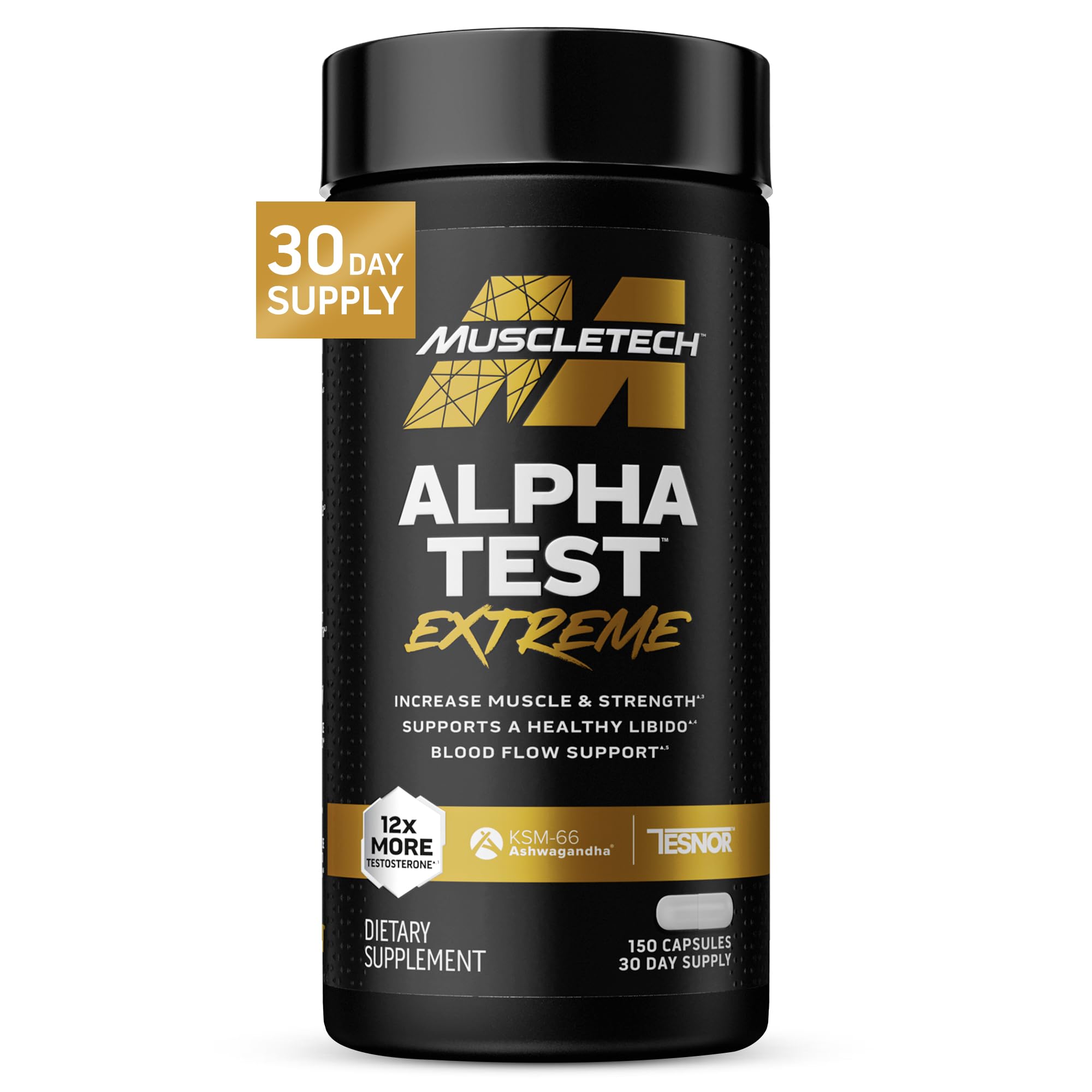 MuscleTech AlphaTest bottle front showing robust testosterone support for workouts