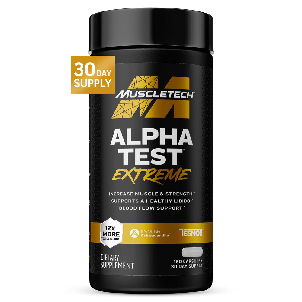 MuscleTech AlphaTest bottle front showing robust testosterone support for workouts