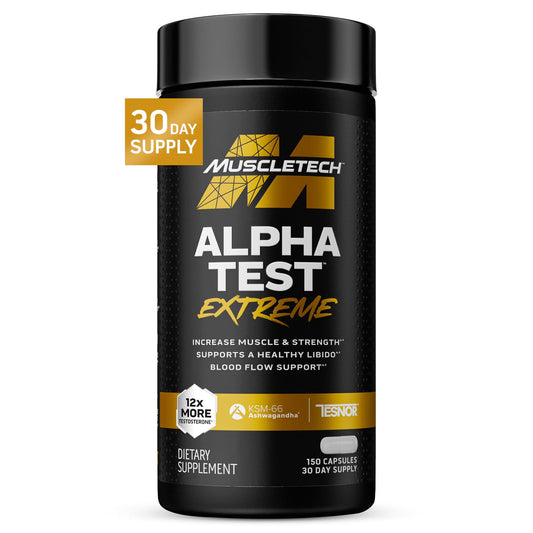 MuscleTech AlphaTest bottle front showing robust testosterone support for workouts