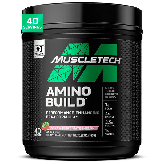 MuscleTech Amino Build tub with scoop showing BCAAs and electrolytes benefits.