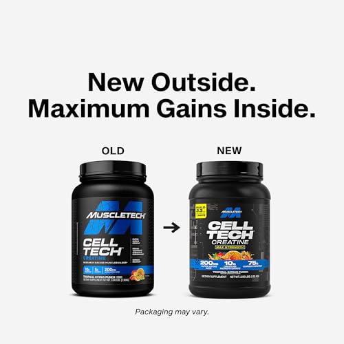 MuscleTech Cell-Tech tropical citrus tub emphasizes flavorful creatine for recovery sessions.