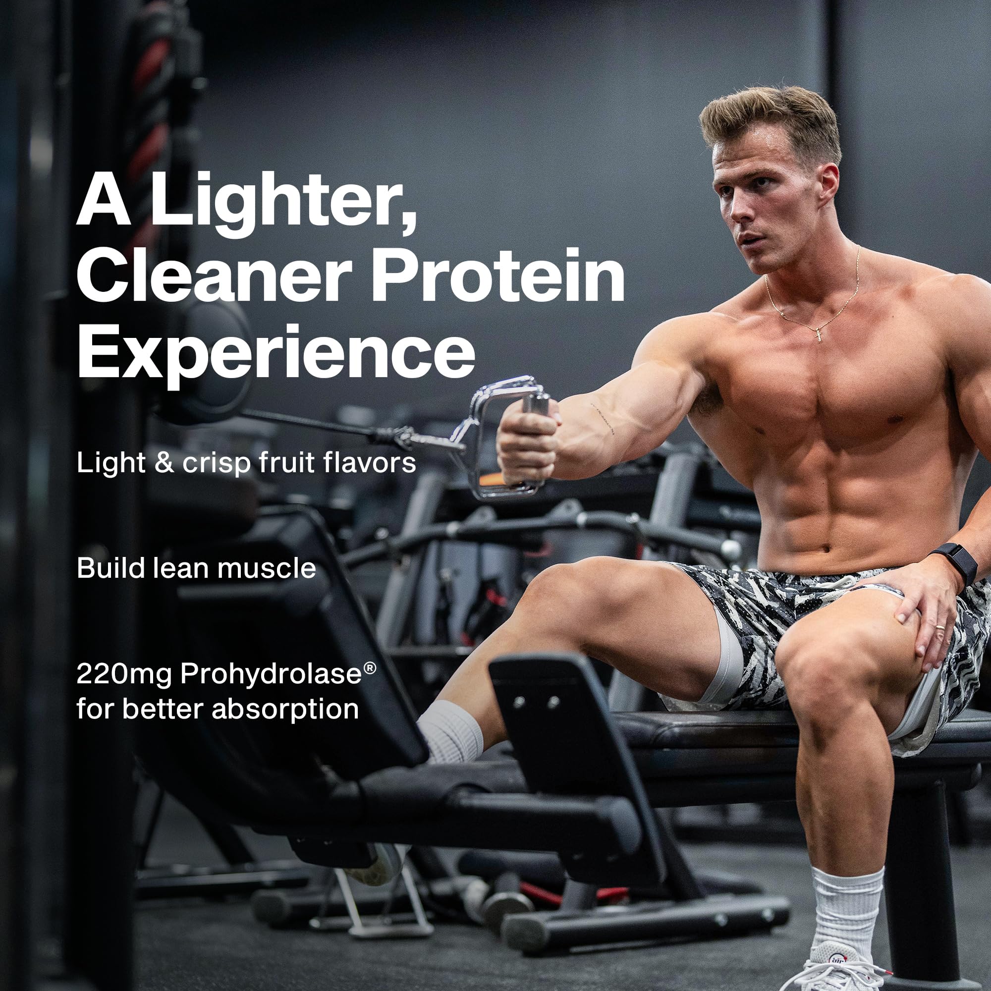 Muscletech Clear Whey Lemon Berry Blizzard glass with translucent protein drink.