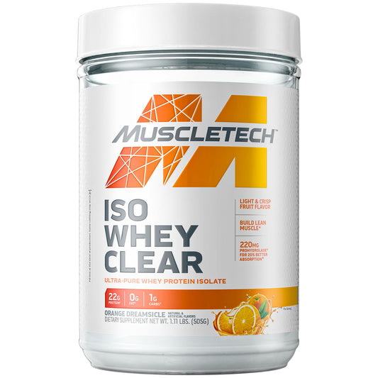 MuscleTech Clear Whey Orange Dreamsicle bottle shows a refreshing post-workout option.