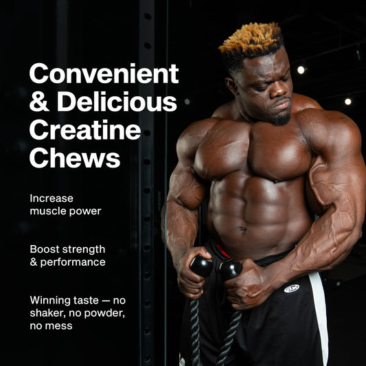 Close-up of the Boogieman Punch flavor highlights MuscleTech Creatine Chews taste.
