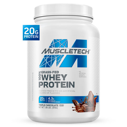 MuscleTech Grass-Fed Whey tub close-up with triple chocolate flavor and protein boost.