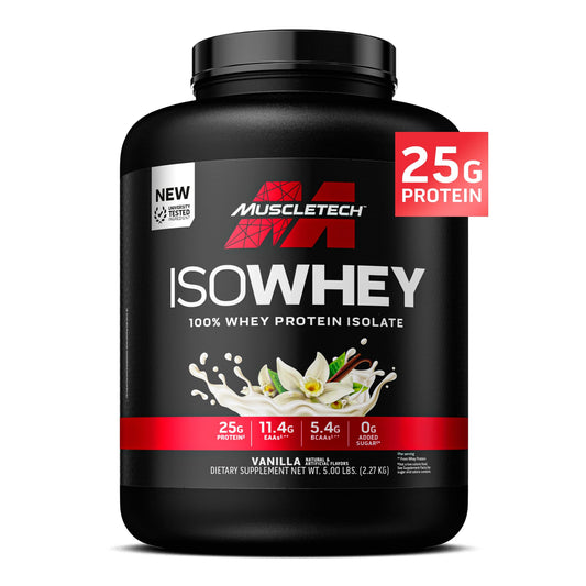 MuscleTech IsoWhey Vanilla powder in a tub for quick post-workout shakes.