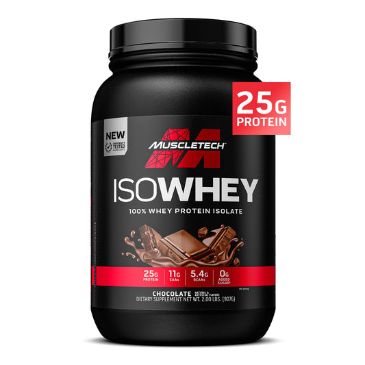 MuscleTech IsoWhey chocolate protein jar on counter supports lean muscle.