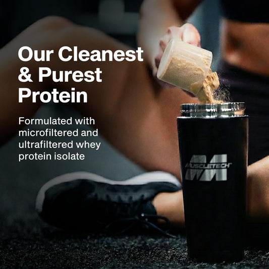 MuscleTech IsoWhey scoop ready to mix in a shaker.
