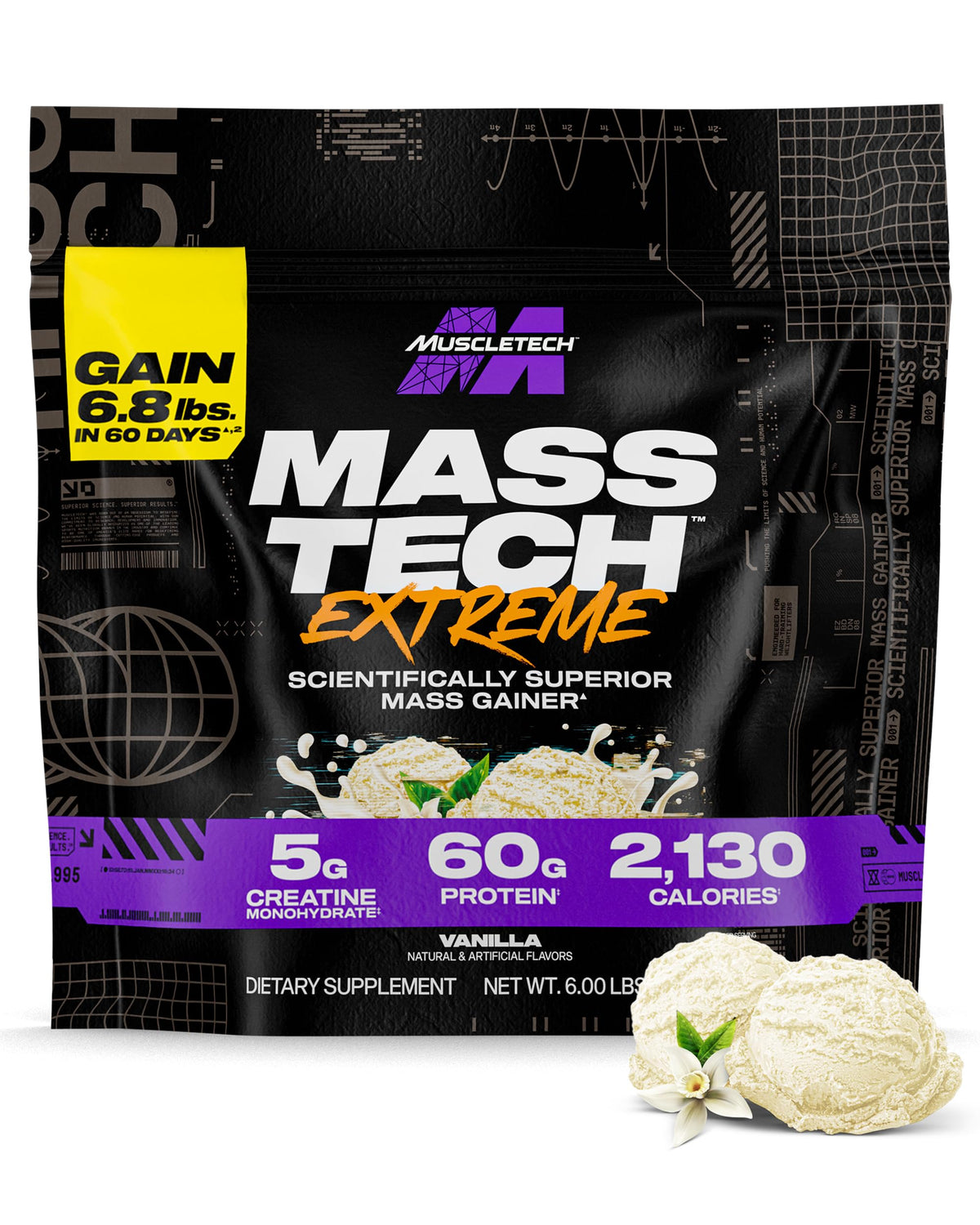 MuscleTech Mass Tech Extreme 2000 vanilla milkshake powder bag boosts mass gain