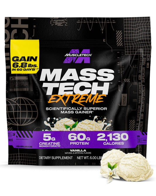 MuscleTech Mass Tech Extreme 2000 vanilla milkshake powder bag boosts mass gain