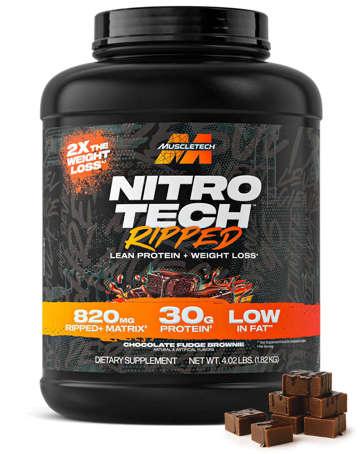 MuscleTech Nitro-Tech Ripped bottle on counter for lean muscle support.