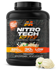 MuscleTech Nitro-Tech Ripped vanilla cream bottle highlighting lean muscle support.