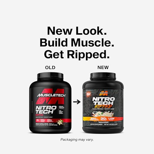 MuscleTech Nitro-Tech Ripped vanilla cream tub with clear label.