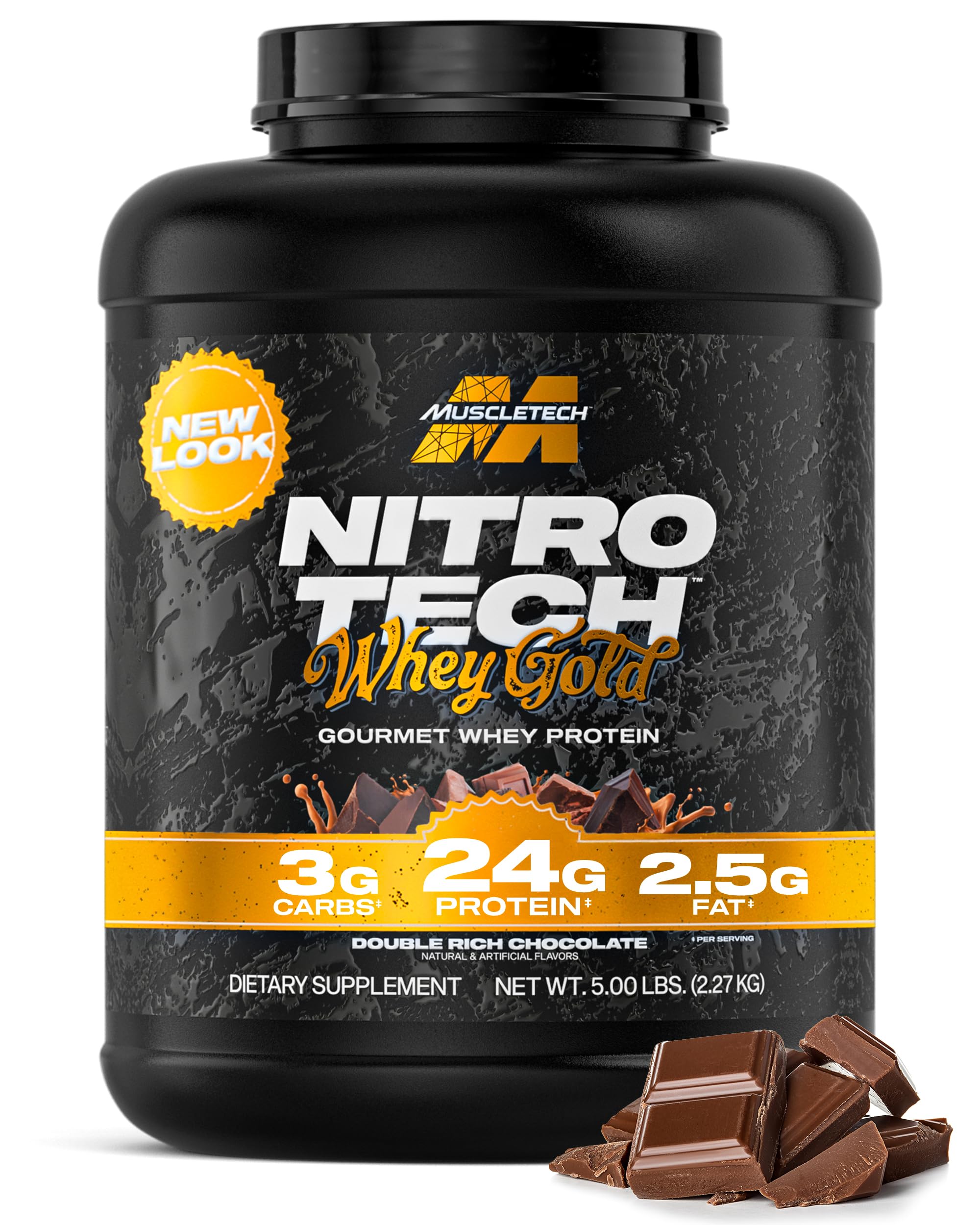 Muscletech Nitro-Tech Whey Gold 5lb bottle for lean muscle support.