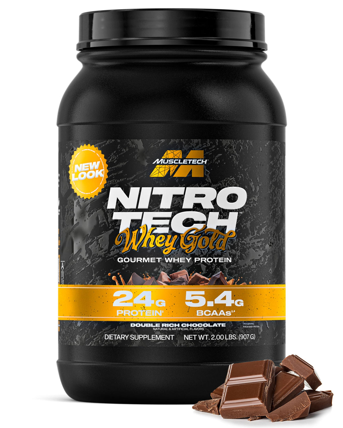 MuscleTech Nitro-Tech Whey Gold double rich chocolate scoop showing quick protein fueling