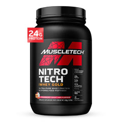 MuscleTech Nitro-Tech Whey Gold protein tub with strawberry flavor for lean protein.