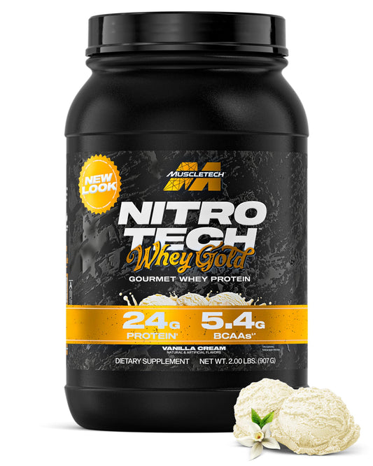 MuscleTech Nitro-Tech Whey Gold Vanilla Cream bottle highlights premium protein for lean muscle