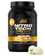 MuscleTech Nitro-Tech Whey Gold Vanilla Cream bottle highlights premium protein for lean muscle