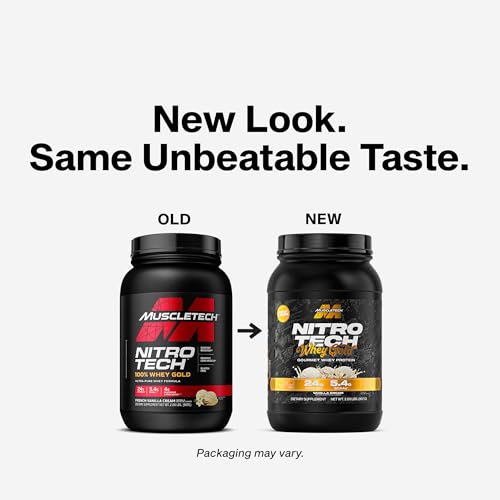 Nitro-Tech Whey Gold Vanilla Cream scoop emphasizes 24g protein per serving for recovery