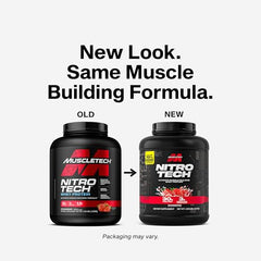 Muscletech Nitro-Tech scoop pouring into a shaker for post-workout protein