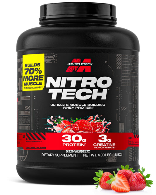 Muscletech Nitro-Tech whey protein tub with strawberry flavor label for lean muscle support
