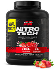 Muscletech Nitro-Tech whey protein tub with strawberry flavor label for lean muscle support
