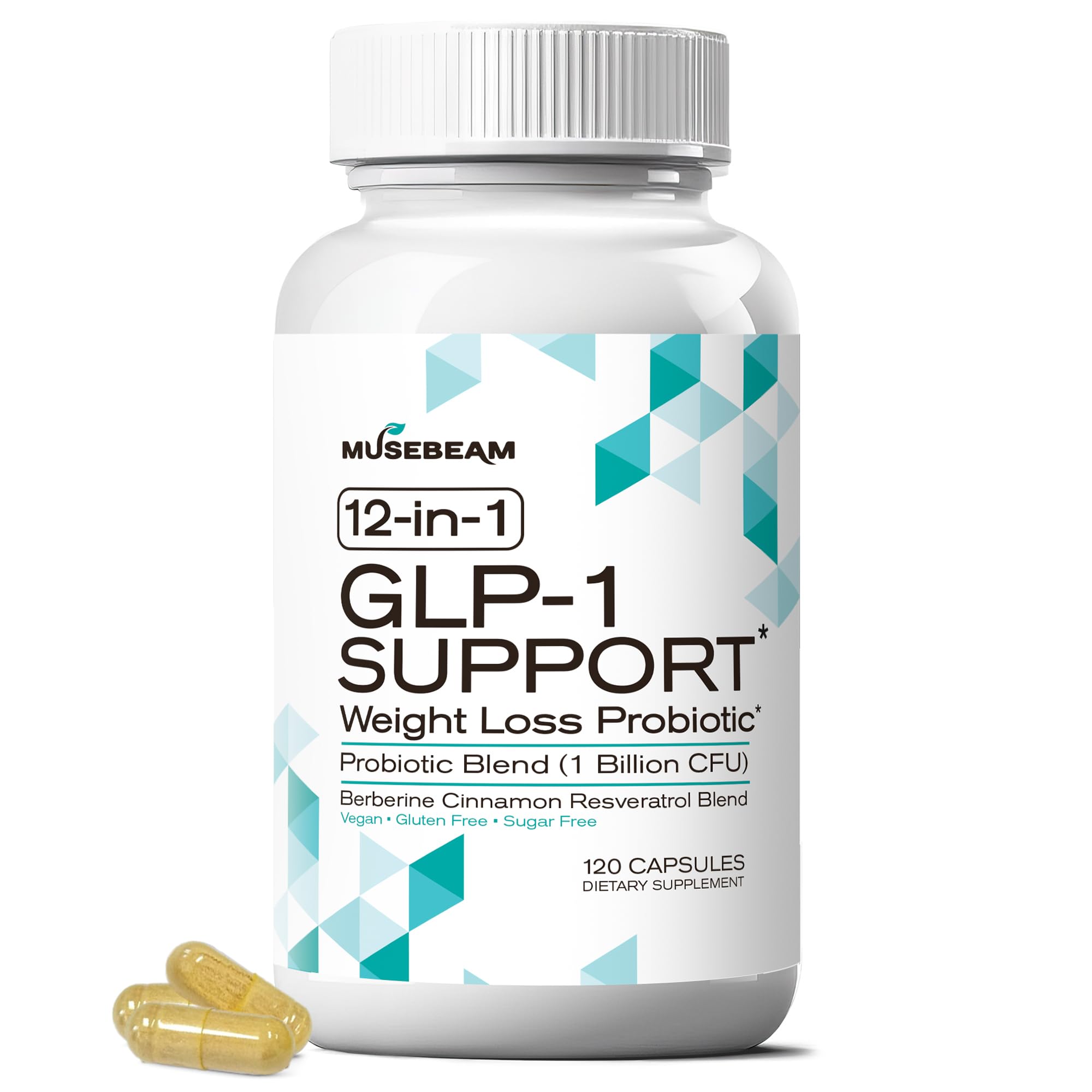 MuseBeam GLP-1 Support bottle pour with capsules for convenient daily use and appetite-friendly routines.