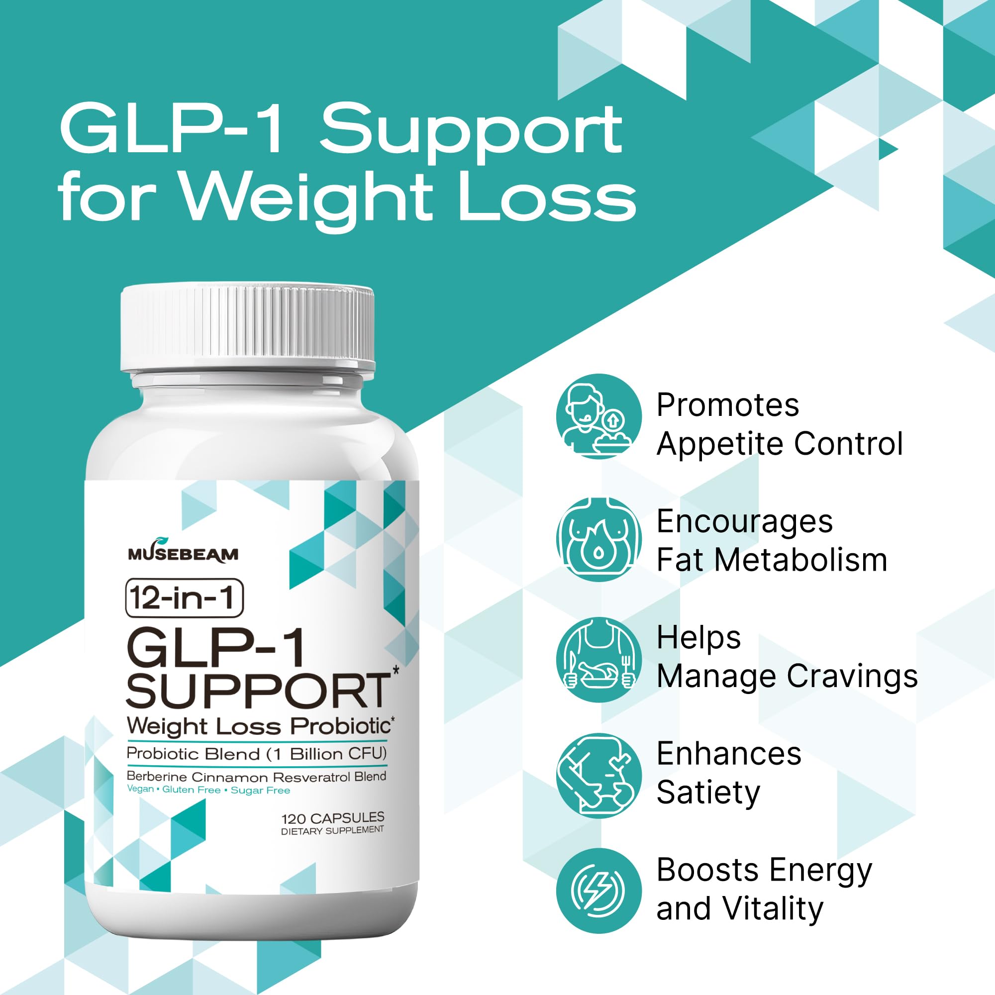 MuseBeam GLP-1 Support capsules close-up highlighting the 12-in-1 formula for gut balance.