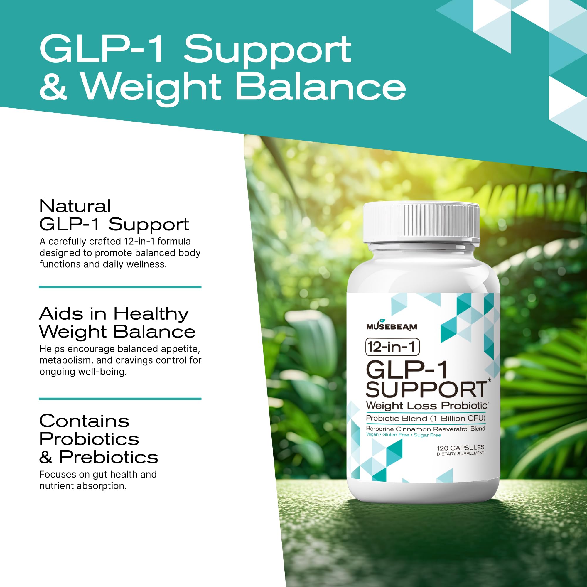 MuseBeam GLP-1 Support label design emphasizing vegan, allergen-free ingredients for clean daily wellness.