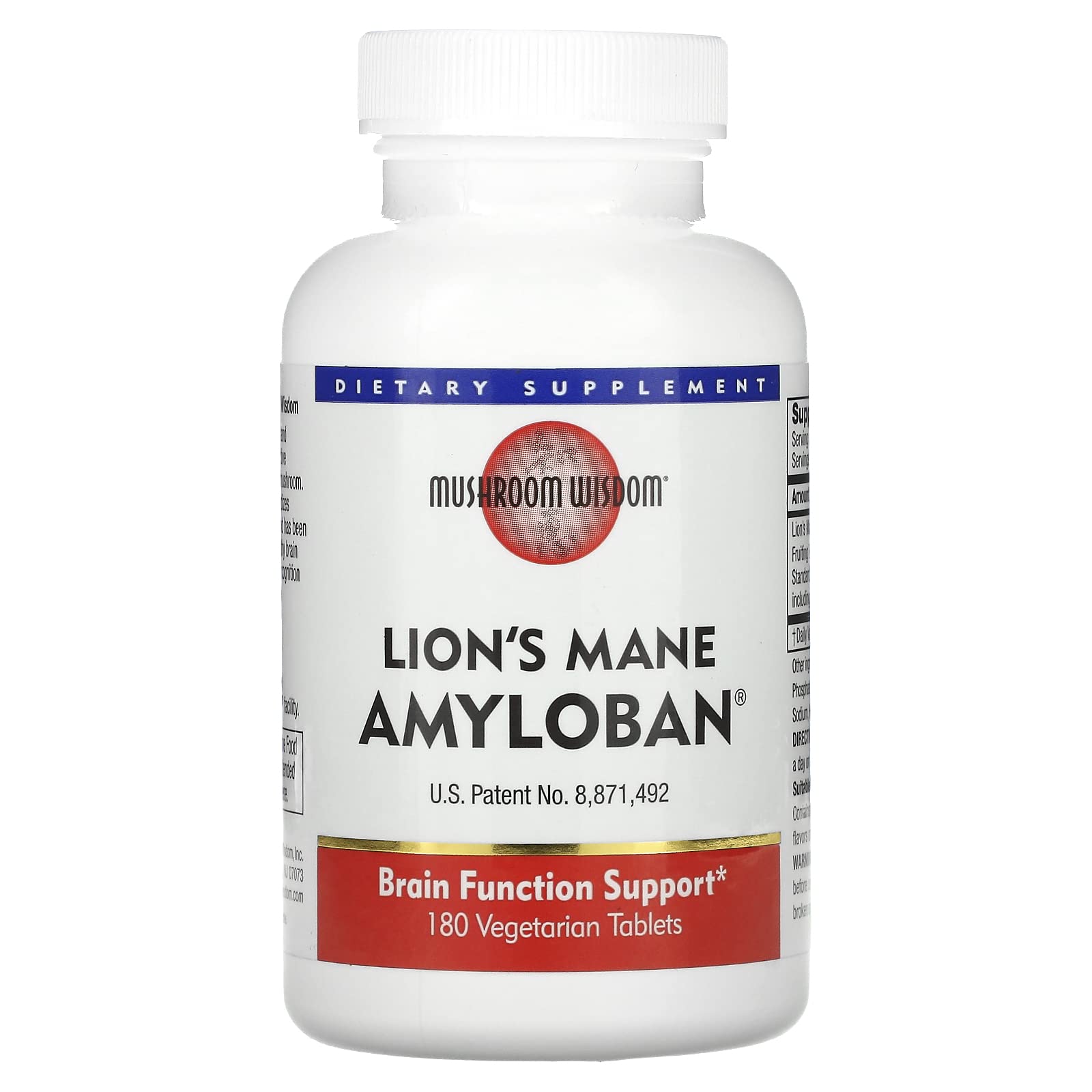 Mushroom Wisdom Amyloban 3399 bottle front with vegetarian tablets for daily use