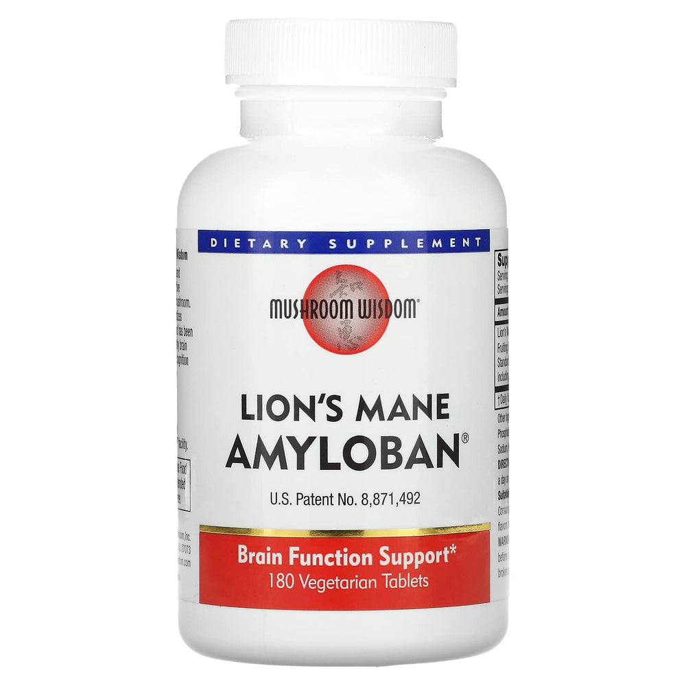 Mushroom Wisdom Amyloban 3399 bottle front with vegetarian tablets for daily use