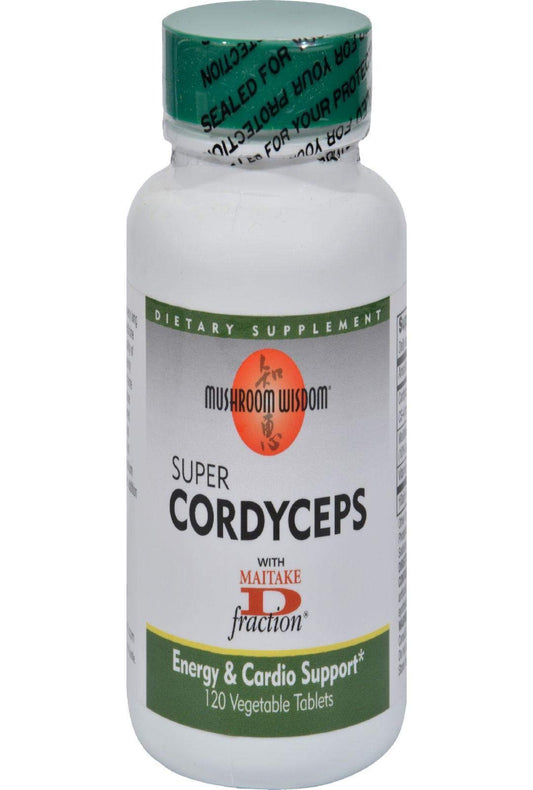 Mushroom Wisdom Super Cordyceps Caplets label closeup with Maitake D-fraction.
