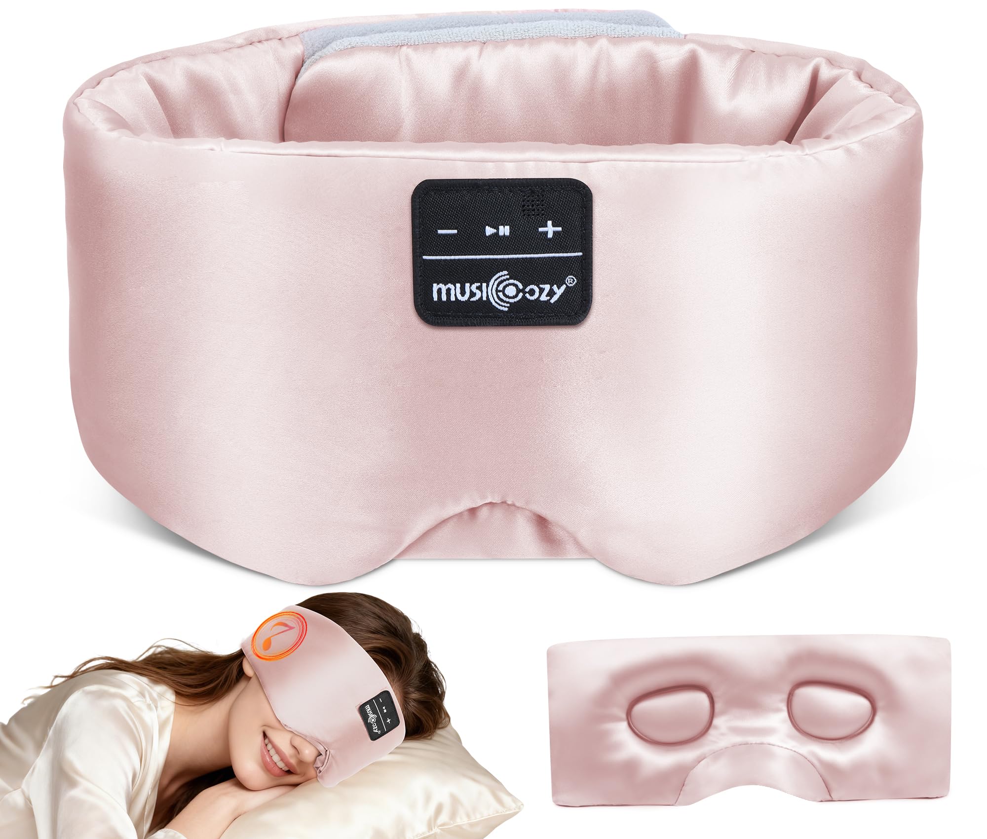 MUSICOZY 3D silk sleep mask with speakers for side-sleeper comfort.