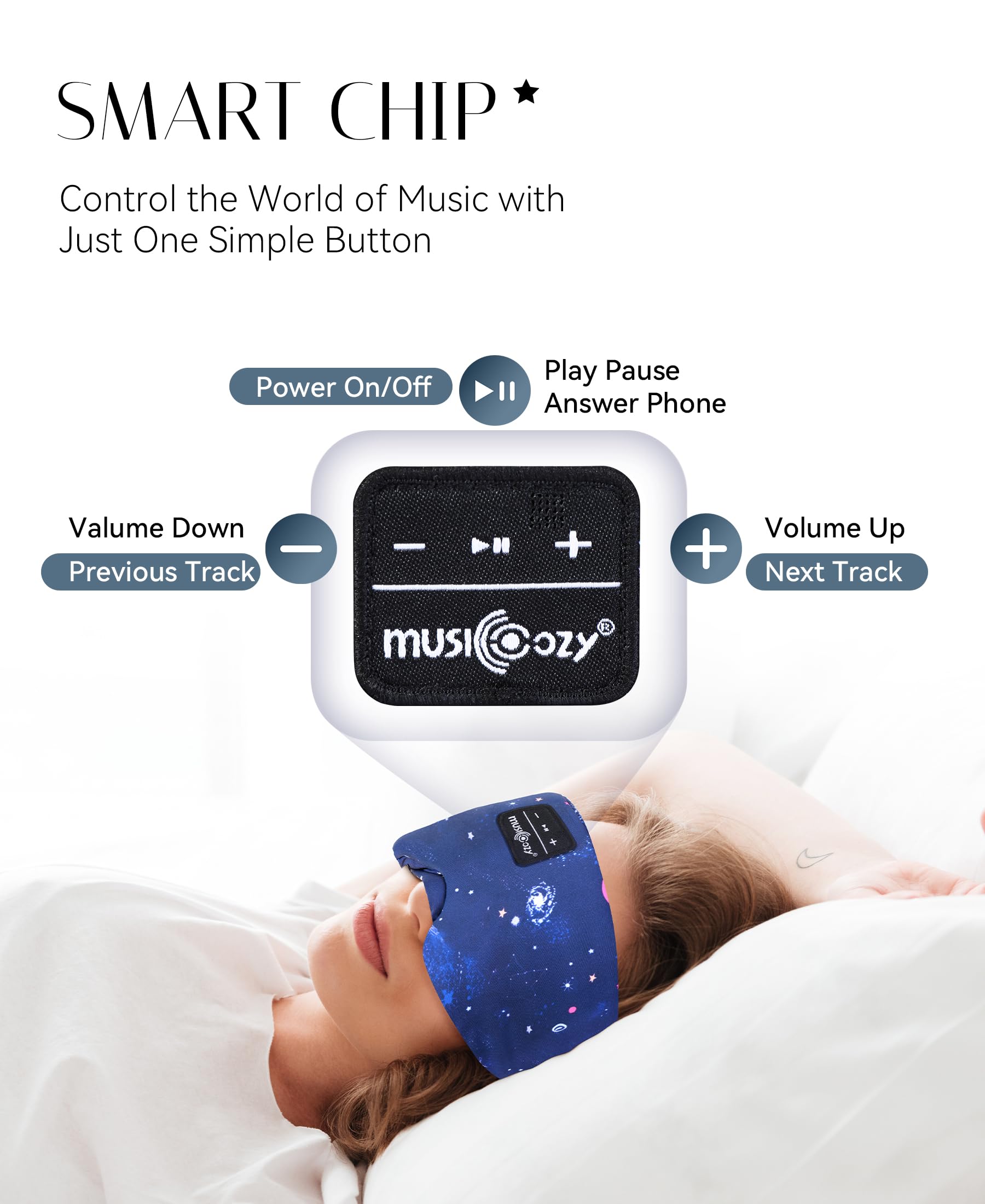 MUSICOZY Sleep Mask Headphones travel use with wireless Bluetooth pairing.