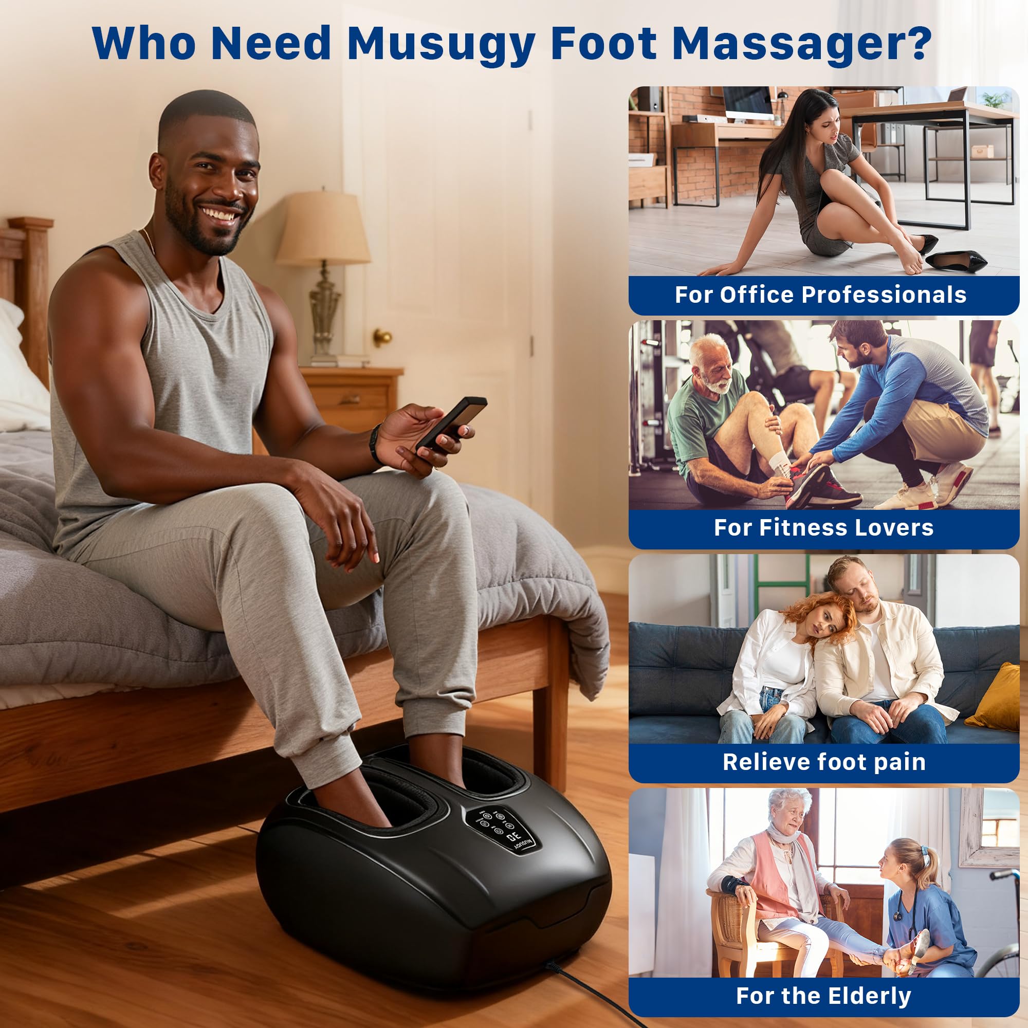 Musugy Shiatsu Foot Massager compact design fits under desks for easy access.
